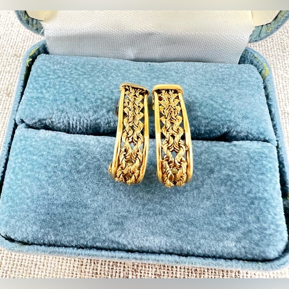 Vintage Aurafin 10k Gold Double Rope Chain J Shape  Hoop Earrings 2 Grams